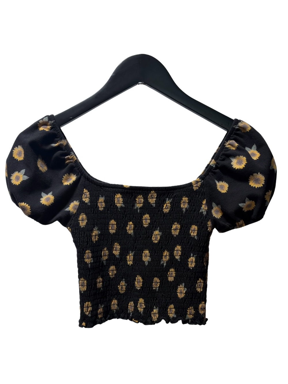 Hollister Black Sunflower Print Smocked Puff Sleeve Crop Top